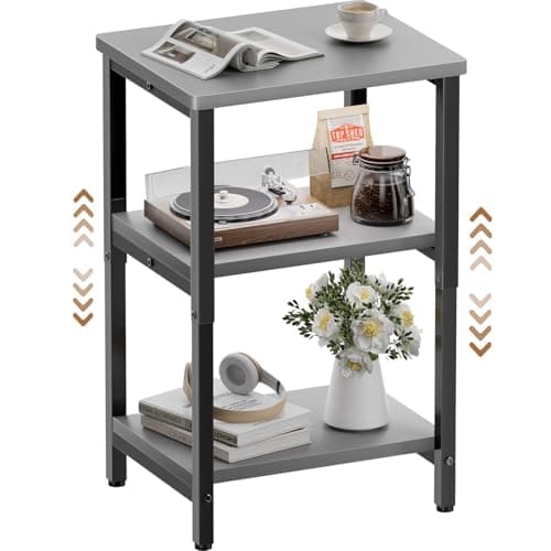 Image of DLONGONE Sofa Side Table Living Room, Industrial End Table with 3-Tier Storage Shelves, Bedside Tables with Height Adjustable, Steel Frame, Nightstand 37 x 30 x 59.4/62.4/65.4 cm, Grey