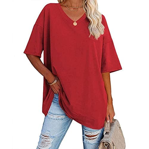 Image of Famulily Oversized Tshirt Women's V Neck Simple Half Sleeve Baseball Tee Shirt Tops Red S