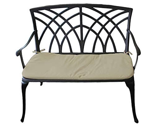 Image of CHARLES BENTLEY Black Cast Aluminium, Outdoor, Rustic, Bench, For Patio, Garden, Balcony, Decking, Furniture, 2 Seater, with Cream Seat Cushion, Rustproof, Stylish, Bronze Finish (98x89x55cm)