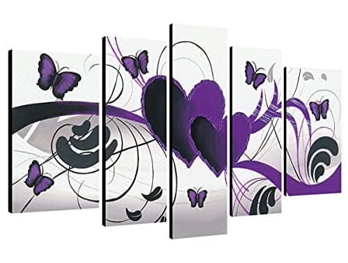 Image of Wieco Art - Purple Love Butterfly 5 Panels Modern 100% Hand Painted Abstract Oil Paintings Artwork on Stretched and Framed Canvas Wall Art Ready to Hang for Wall Decor Home Decoration