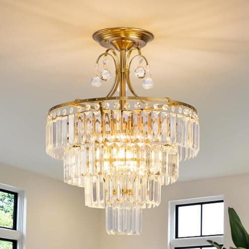 Image of MSSIAN Gold Crystal Chandelier Fixture Modern Semi Flush Mount Ceiling Light Ceiling Lighting for Bedroom Living Room Kitchen Hallway Dining Room,E14 x 4 -Lights D39cm x H50cm