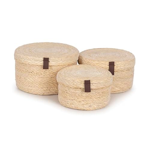 Image of Olly & Rose Set 3 Natural Seagrass Storage Baskets with Lids - Bleached Off-White - Durable 25,22,19cm Premium Home Decor