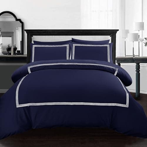 Image of AR Ware Navy Blue King Duvet Cover Set – 3 Piece Luxury Bratta Stitch Embroidered Duvet Cover with Pillowcases – Breathable Microfiber Quilt Cover