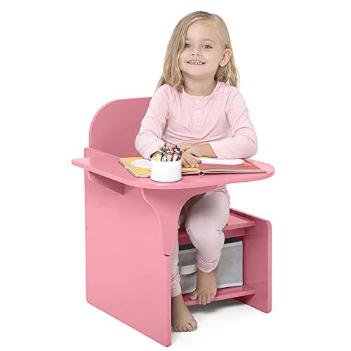 Image of Rainbow Tree 2 in 1 Wooden Children Table with Chair, Small Kids Table and Chair Set with Storage for Toys Books, Suitable for Kids Children Toddlers Boys Girls (Pink)