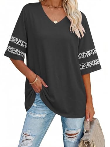 Image of Famulily Leopard Print Colorblock Short Sleeve Black T Shirts for Women V Neck Casual Summer Loose Tunic Tops (XXL, Black)