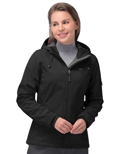Image of 33,000ft Women's Waterproof Jacket, Ladies Lightweight Hooded Softshell Jacket Windproof Fleece Rain Jacket for Outdoor Hiking Black L