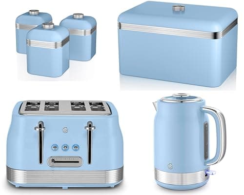 Image of Swan Retro Revive Blue 1.7L 3KW Jug Kettle, 4 Slice Toaster, Retro Breadbin and Canisters Kitchen Storage. Matching Retro Kitchen Set in Blue with Chrome Accents
