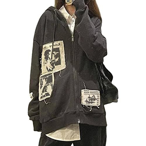 Image of Womens Y2k Graphic Print Zip Up Hoodies Graffiti Face Portrait Patchwork Oversized Pullovers Gothic Punk Long Sleeve Drawstring Sweatshirt with Pockets (Grey, Medium)