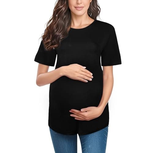 Image of Aolso Women’s Nursing Tops, Short Sleeve Side Split Breastfeeding Tops, Crew Neck Maternity Top & Tees for Pregnant Women-Black-L
