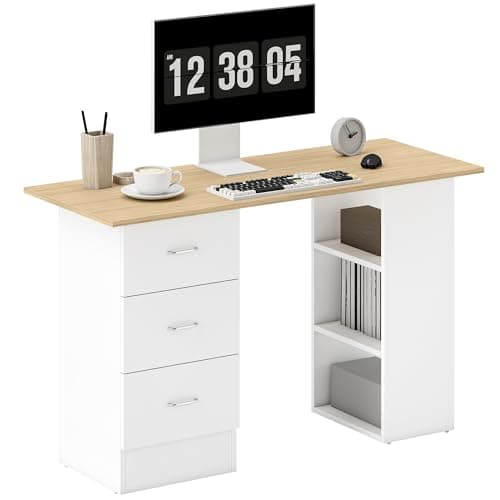 Image of HOMCOM Computer Desk with Drawers, Home Office Desk, Writing Table, PC Workstation with 3 Storage Shelves for Working, Study, 120 x 49 x 72 cm, Natural Wood Finish and White