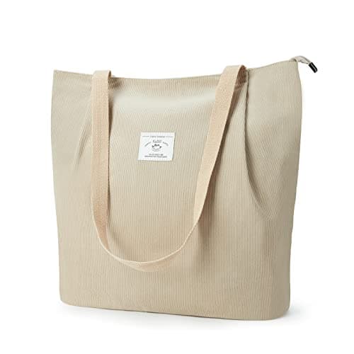 Image of KALIDI Waterproof Corduroy Tote Bag with Zipper Casual Hobo Shoulder Bag Handbag Large Capacity Cord Tote Bag Women Shopping Bag for School Work College Daily Use,Beige