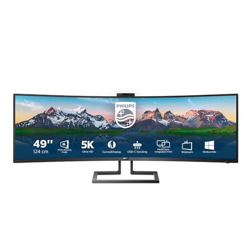 Image of Philips 499P9H- 49 Inch Curved Dual QHD Monitor, 70Hz, 5ms, VA, WebCam, Speakers, USB-C Dock, KVM, Height Adjust (5120 x 1440, 450 cd/m², HDMI/DP 1.4/USB 3.1 / USB-C)