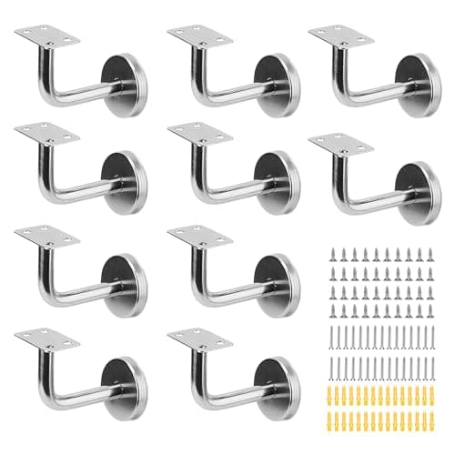 Image of ZEONHAK 10 PCS Silver Stair Handrail Brackets, 60 x 80mm Stainless Steel Bannister Rail Brackets, Wall Mounted Handrail Fixing Brackets with Screws & Expansion Tubes for Stair Handrail