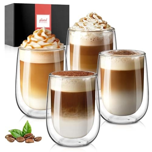 Image of glastal 4x350ml Double Walled Coffee Glasses Mugs Cappuccino Latte Macchiato Glasses Cups for Coffee Tea Milk Juice Ice Cream Borosilicate Heat Resistant Glass Cups