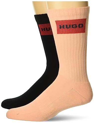 Image of HUGO Men's 2-Pack Logo Label Ribbed Combed Cotton Socks, Black/Coral Haze, 5-13 UK