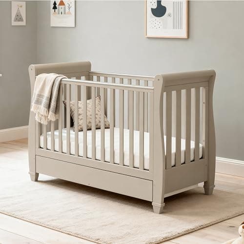 Image of Babymore Eva Sleigh Cot Bed with Drawer - Cashmere