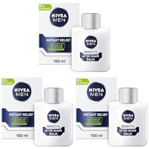 Image of NIVEA MEN Sensitive Post Shave Balm (100ml), 0% Alcohol with Chamomile and Vitamin E, Relieves Skin from 5 Signs of Irritation, Men's Skin Care and Shaving Essentials (Pack of 3)