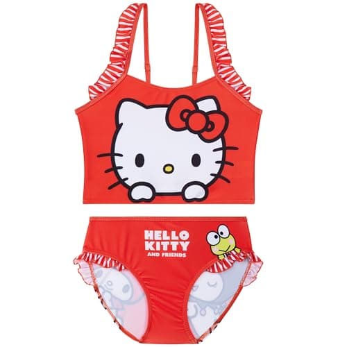 Image of Hello Kitty Sanrio Girls Bikini Set 5-14 Yrs, 2-Piece Swimming Costume, Adjustable Strap Swimsuit & Swimwear, Swimming Gifts (13-14 Years, Red Hello Kitty)