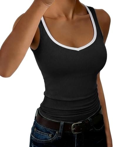 Image of Aottori Tank Tops for Women UK Summer V Neck Ribbed Knit Vest Plain Slim Fit Sexy Top Ladies Basic Stretch Color Block Cami Shirts Casual Black XXL