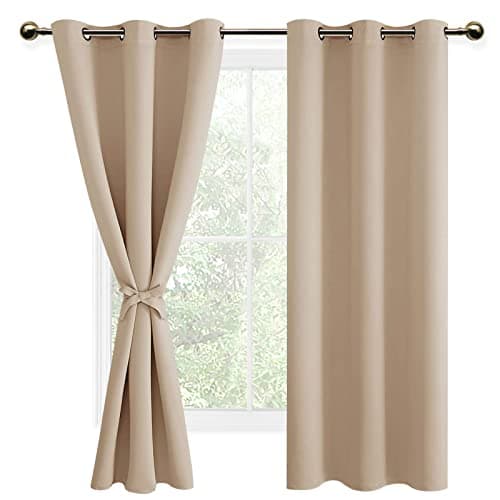 Image of DWCN Beige Blackout Curtains with Tiebacks for Bedroom Thermal Insulated Solid Eyelet Curtains for Living Room,2 Panels,46" Wide x 72" Drop