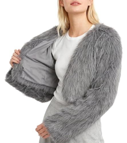 Image of Amazhiyu Womens Faux Fur Coat, Winter Long Sleeve Jacket Crew Neck Open Front Outwear Plush Warm Cardigan Light Gray Small
