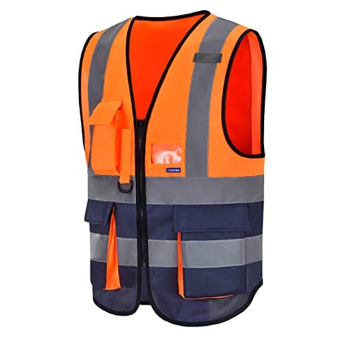 Image of Hi vis vest orange navy high viz Class 2 hi vis Zipper Front High Visibility vest Hi Vis Executive Vest Waistcoat with Phone & ID Pockets
