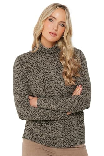 Image of Long Tall Sally - LTS Tall Animal Print Soft Touch Roll Neck Jumper - Women's Brown