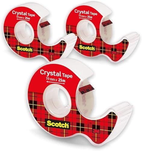 Image of Scotch Crystal Tape 19 mm x25 m - 3 Rolls on Hand-held Dispensers - Provides a Strong and Permanent Bond