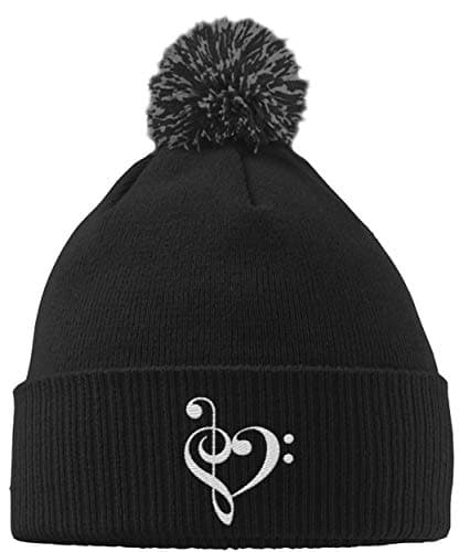 Image of Hippowarehouse Treble and Bass Clef Love Heart Embroidered Beanie Hat with Bobble Black