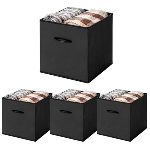 Image of WUIKE 13-Inch Black Storage Cube Bins, Leather Front Cubby Organizer Baskets with Handles, Collapsible Storage Bins for Shelves and Closet, 4-Pack