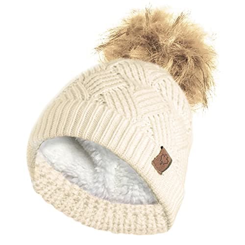Image of RockJock Ladies Warm Chunky Diamond Cable Knit Hat with Thermal Teddy Fleece Lining and Detachable Faux Fur Pompom-Natural