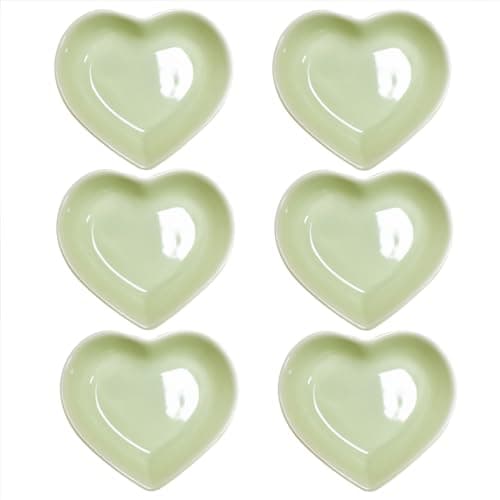 Image of Pirhosigma 6 pcs Light Green Heart Shaped Porcelain Soy Sauce Dish Snack Bowl Ceramic Dip Dipping Bowls 1.65 oz for Dinner Baking BBQ and Cooking