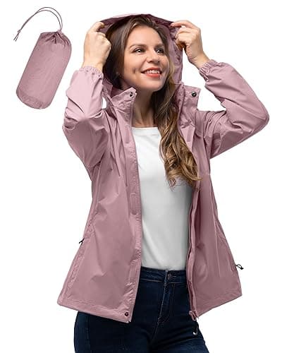 Image of 33,000ft Women's Lightweight Rain Jackets Hooded Breathable Packable Running Raincoats Active Trench Windbreaker with Hideaway Hood for Cycling Hiking (Dried Rose-S/UK 10)