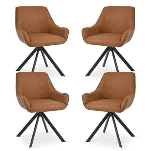 Image of Goeurvant Swivel Dining Chairs Set of 4 with Armrests,360° Swivel Upholstered Chairs,Modern PU Leather Chair,Kitchen Chair with Metal Frame and Backrest for Dining Room,Living Room,Office, Brown