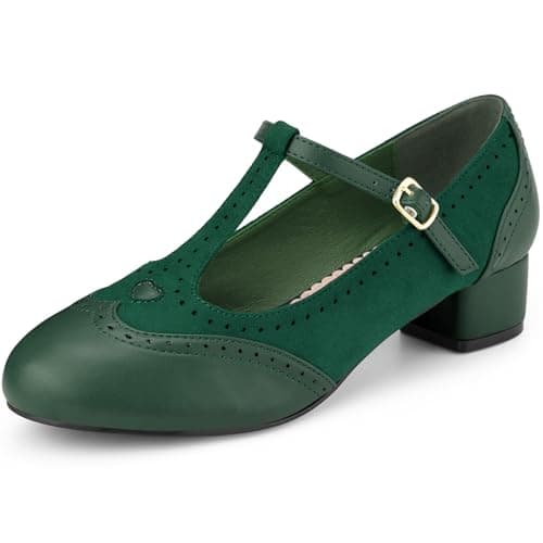 Image of Allegra K Women's Mary Janes T-Strap Ankle Strap Block Heels Pumps Dark Green 7.5 UK/Label Size 9.5 US