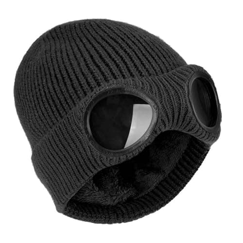 Image of AWAVM Fashionable Knit Hat for Men & Women - Warm Cap with Windproof Goggles - Unisex Knitted Cap for Autumn & Winter - Ear Protection - Black