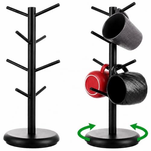 Image of LDHHYH Rotating Mug Tree 8 Mugs, 2 Pack Black Mug Tree with 360° Thicker Base, Wooden Coffee Cup Holder, Coffee Mug Organizer Stand for Kitchen Countertop, Coffee Bar and Cabinet