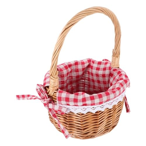 Image of Tofficu Handwoven round Wicker Flower Basket with Handles Natural Color Red Check Lining Handcrafted Storage Basket for Easter, Wedding, Picnic, and Party Favors