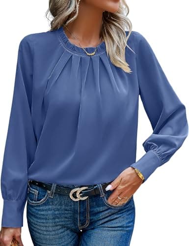 Image of HANERDUN Womens Frill Mock Neck Puff Long Sleeve Blouses Dressy Pleated Front Work Shirts Business Casual Spring Tops Blue