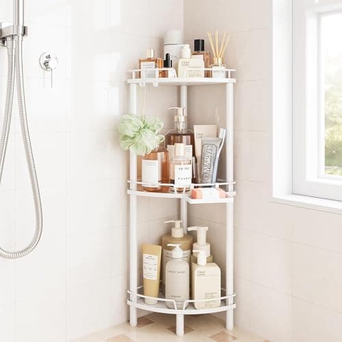 Image of ELYKEN Corner Shower Caddy Standing, 3 Tier Rustproof Metal Shower Organizer with Soap Holder, Floor Corner Shelf Rack Storage Stands with Adjustable Feet & 2 Hooks Bathroom, White