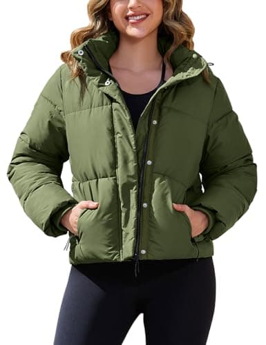 Image of PEHMEA Women’s Cropped Puffer Jacket with Detachable Hood, Winter Warm Full Zip Up Down Coat(ArmyGreen-S)