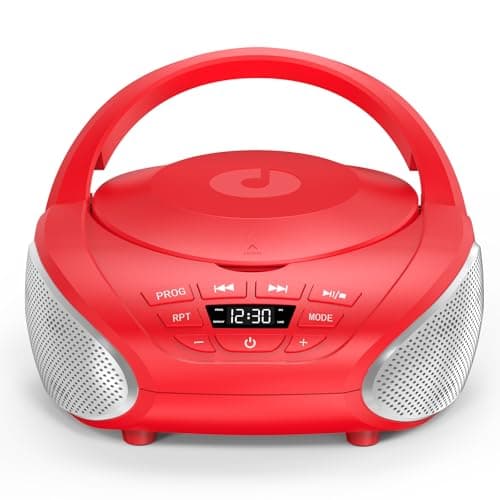 Image of Gueray Portable CD Player Boombox Compact CD Boombox with Stereo Speakers FM Radio 3.5mm AUX Input and Headphone Jack LCD Display for Indoors, Outdoors, Travel & Audiobooks(Red+Silver)