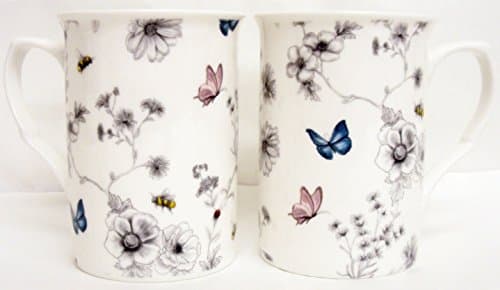 Image of fromeuropewithlove Secret Garden Mugs Set of 2 Fine Bone China Flowers Butterflies and Bees Mugs Hand Decorated in the UK