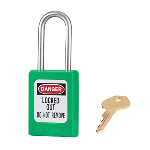 Image of Master Lock Green Zenex™ thermoplastic Safety Padlock, 35mm Wide with 38mm Tall Stainless Steel Shackle, Key retaining, keyed Different
