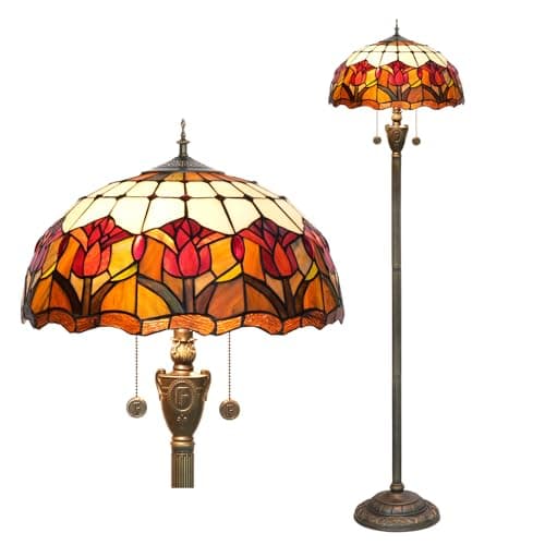 Image of Blivuself Tiffany Floor Lamp Red Tulip Style Stained Glass Standing Reading Light Antique Unique Pole Corner Tall Decor Lamp for Bedroom Living Room Home Office