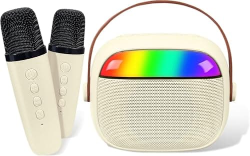 Image of Karaoke Machine for Kids Adults, Portable Bluetooth Mini Karaoke Microphone Singing Speaker with 2 Wireless Mic and Light,Toys for All Smartphones,Birthday, Family,Home Party (Off-White)
