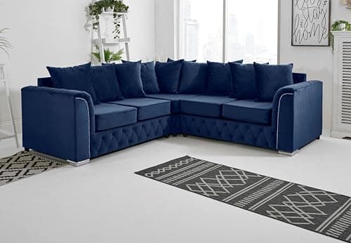 Image of Sofahub Malibu Blue Plush Velvet 5 Seater Corner Sofa Scatterback | L Shaped 2C2 Couch with Foam Cushions Button Detailing & Chrome Feet | Modern Living Room Sofa