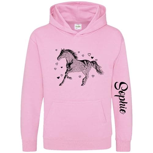 Image of Personalised Horse Hoodie for Girls - Custom Name Sleeve Print - Equestrian Hooded Top for Daughter or Niece - Hearts Design - Equestrianism Kids Gift, 3-4 Years, Light Pink