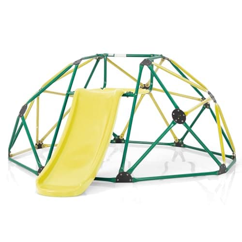 Image of COSTWAY 8FT Dome Climber, Toddler Climbing Frame Monkey Bar Jungle Gym with Fabric Cushion, Indoor Outdoor Play Equipment for Kids 3-12 Years Old (Yellow+Green)