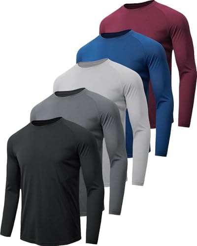 Image of miijoory Long Sleeve T Shirts for Men Breathabal Quick Dry Performance Sports Gym Tops UV Sun Protection Tee Shirts for Workout Running 5 Pack (L,Black,Blue,Dark Grey,Army Green,Red)
